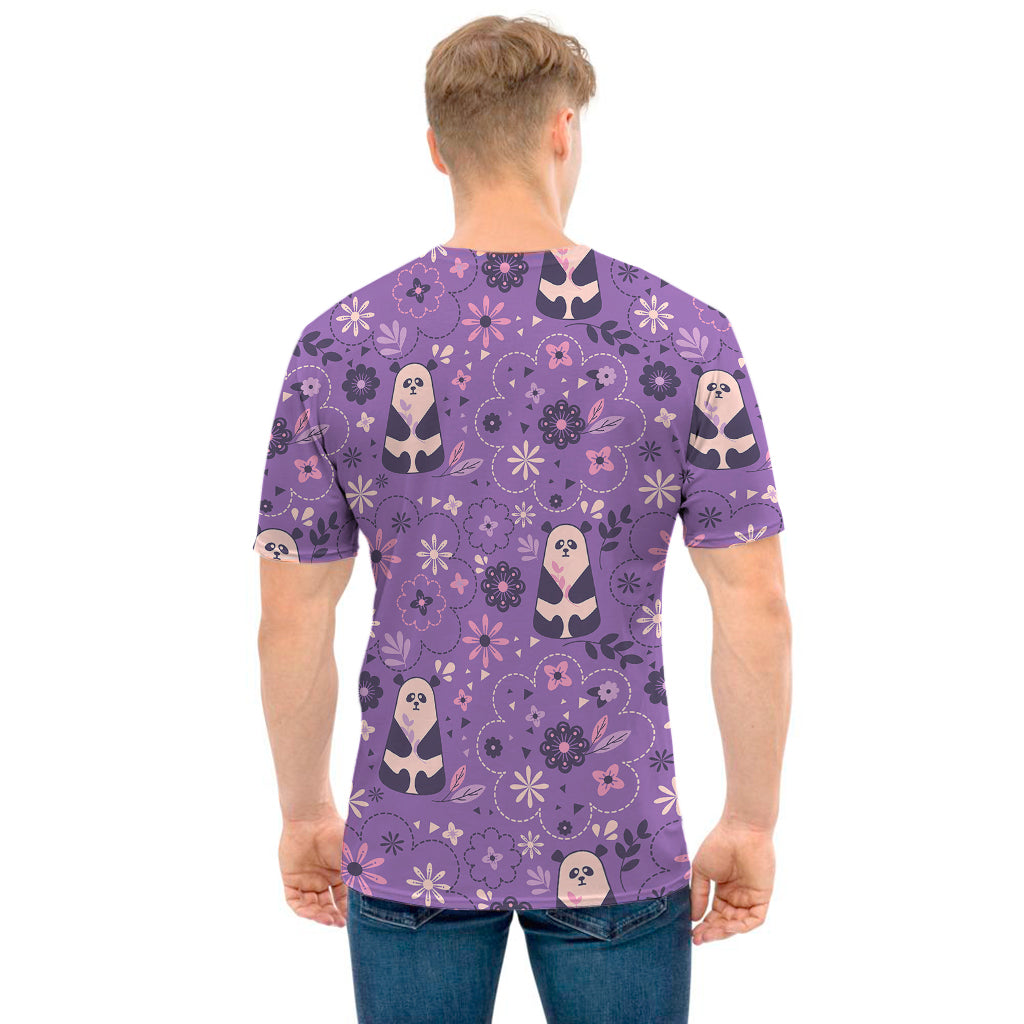 Purple Panda And Flower Pattern Print Men's T-Shirt