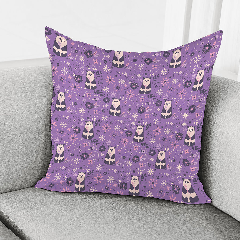Purple Panda And Flower Pattern Print Pillow Cover