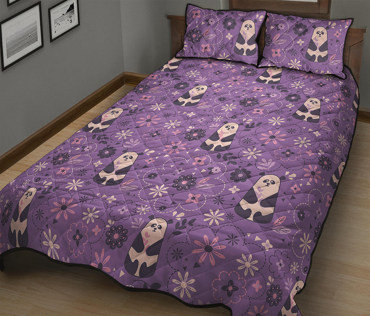 Purple Panda And Flower Pattern Print Quilt Bed Set