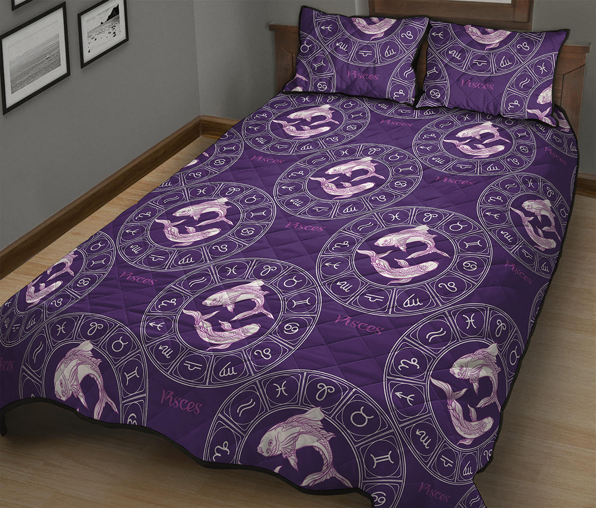 Purple Pisces Zodiac Pattern Print Quilt Bed Set