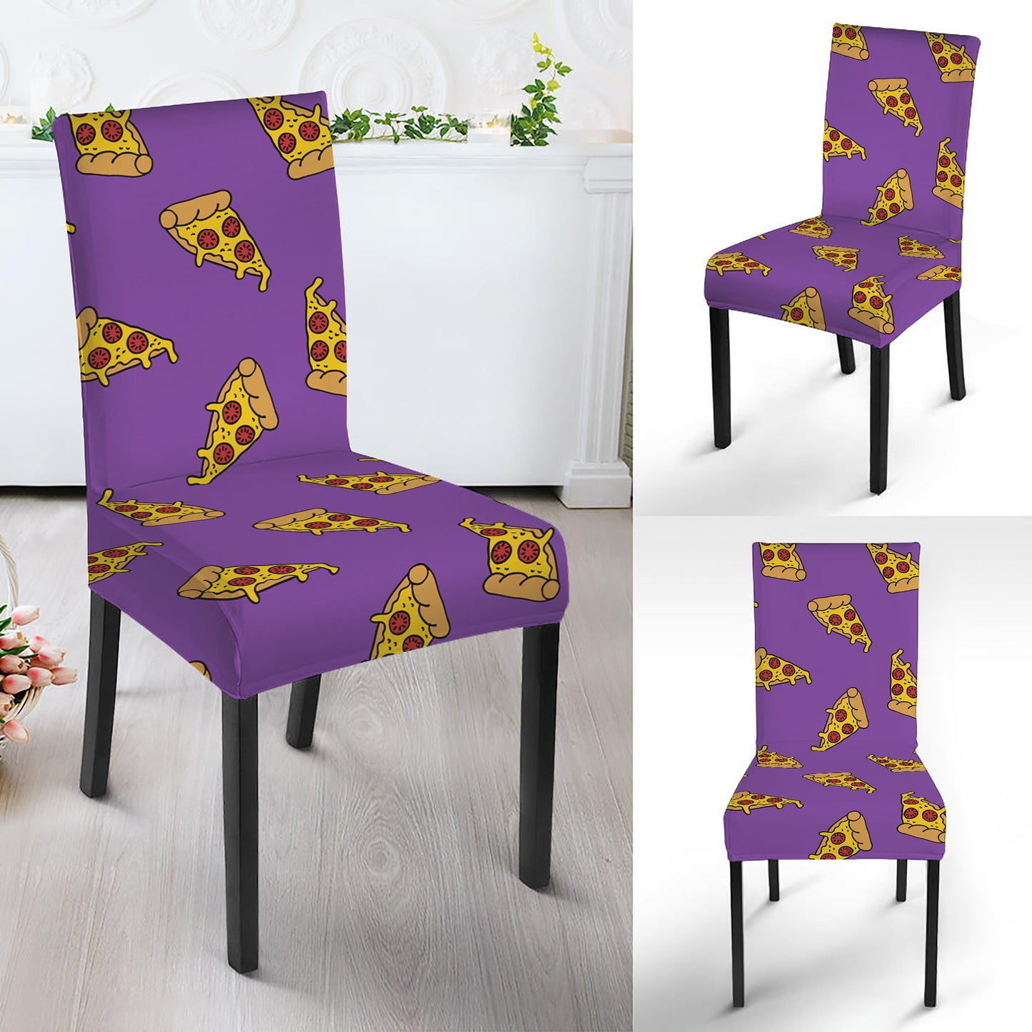 Purple Pizza Pattern Print Dining Chair Slipcover