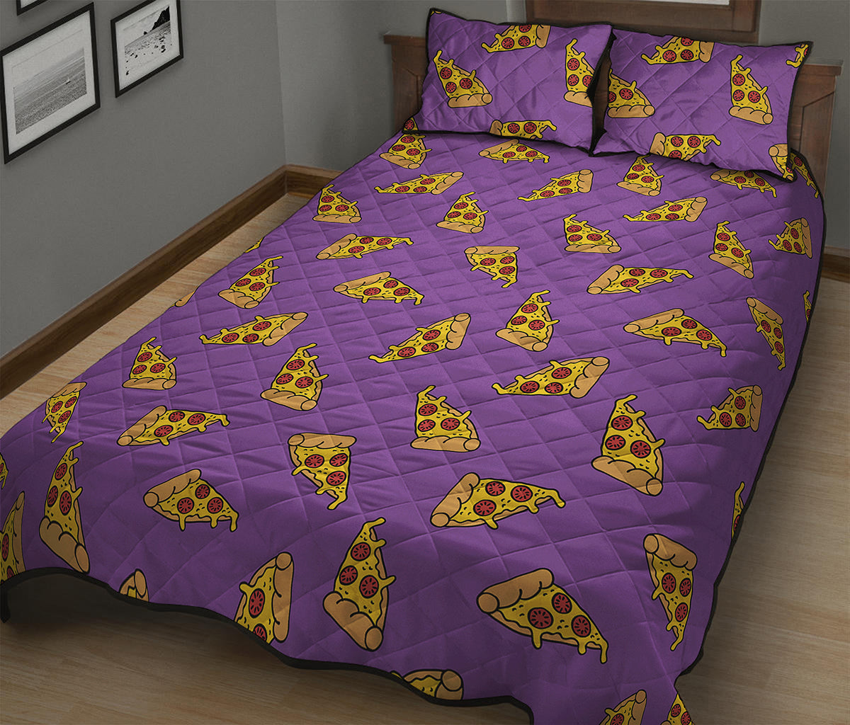 Purple Pizza Pattern Print Quilt Bed Set