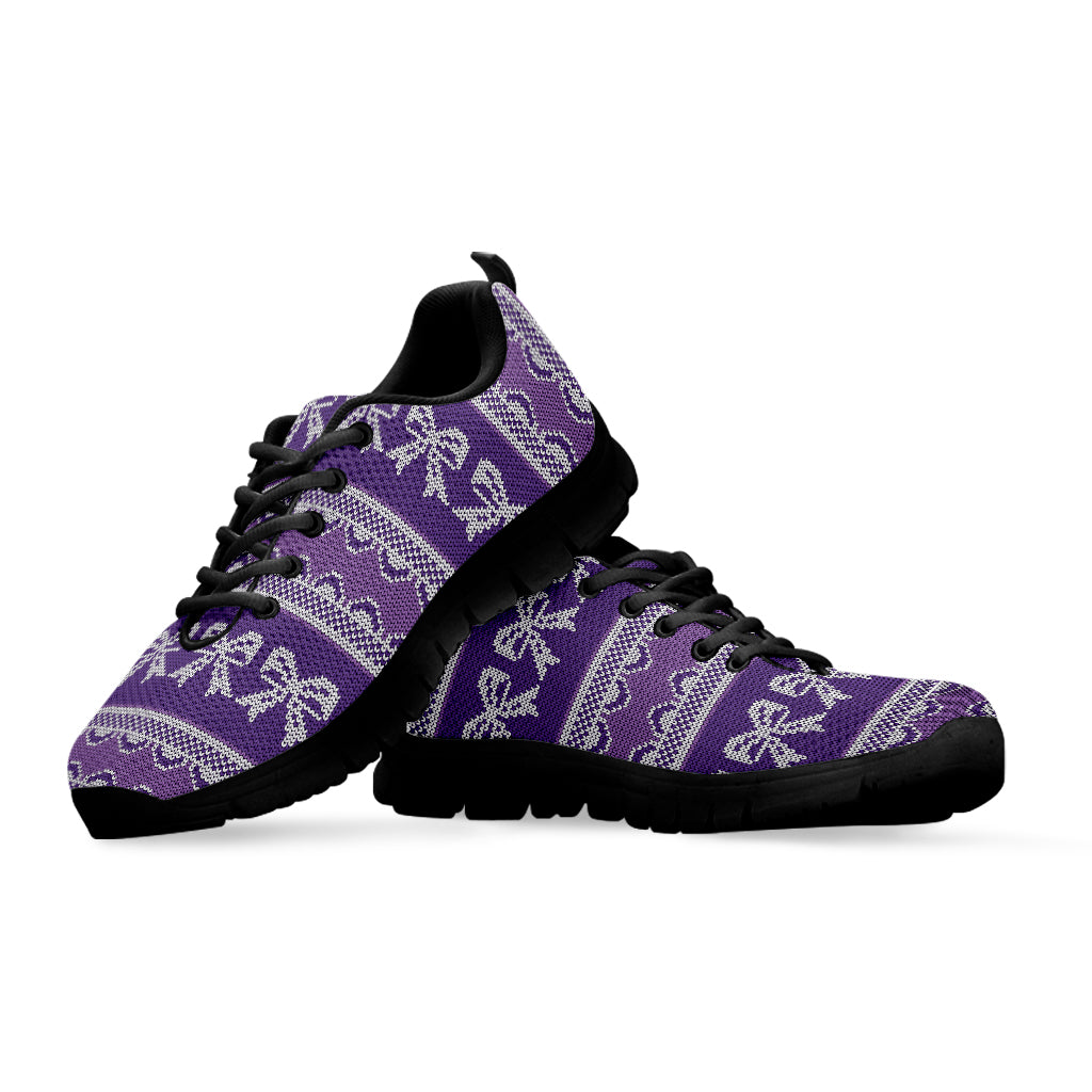 Purple Ribbon Knitted Pattern Print Black Sneakers