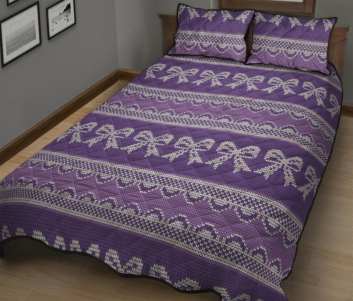 Purple Ribbon Knitted Pattern Print Quilt Bed Set
