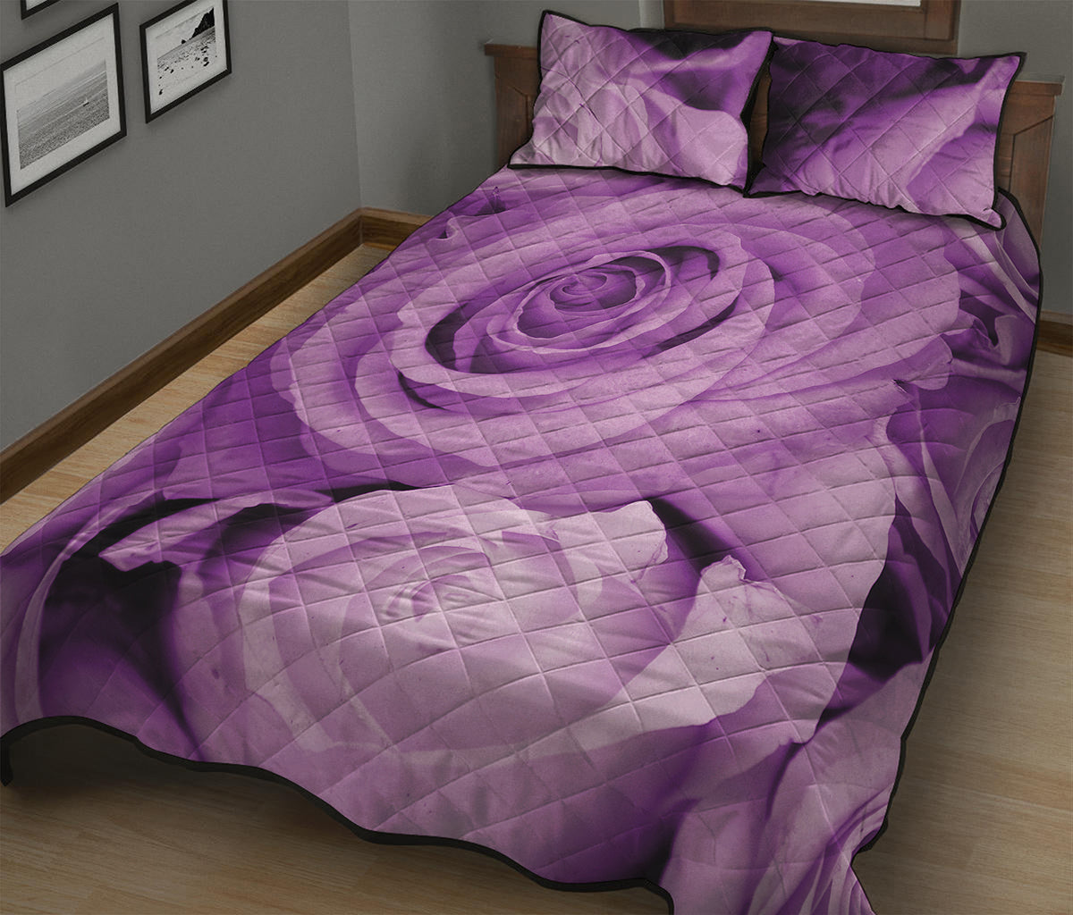 Purple Rose Print Quilt Bed Set