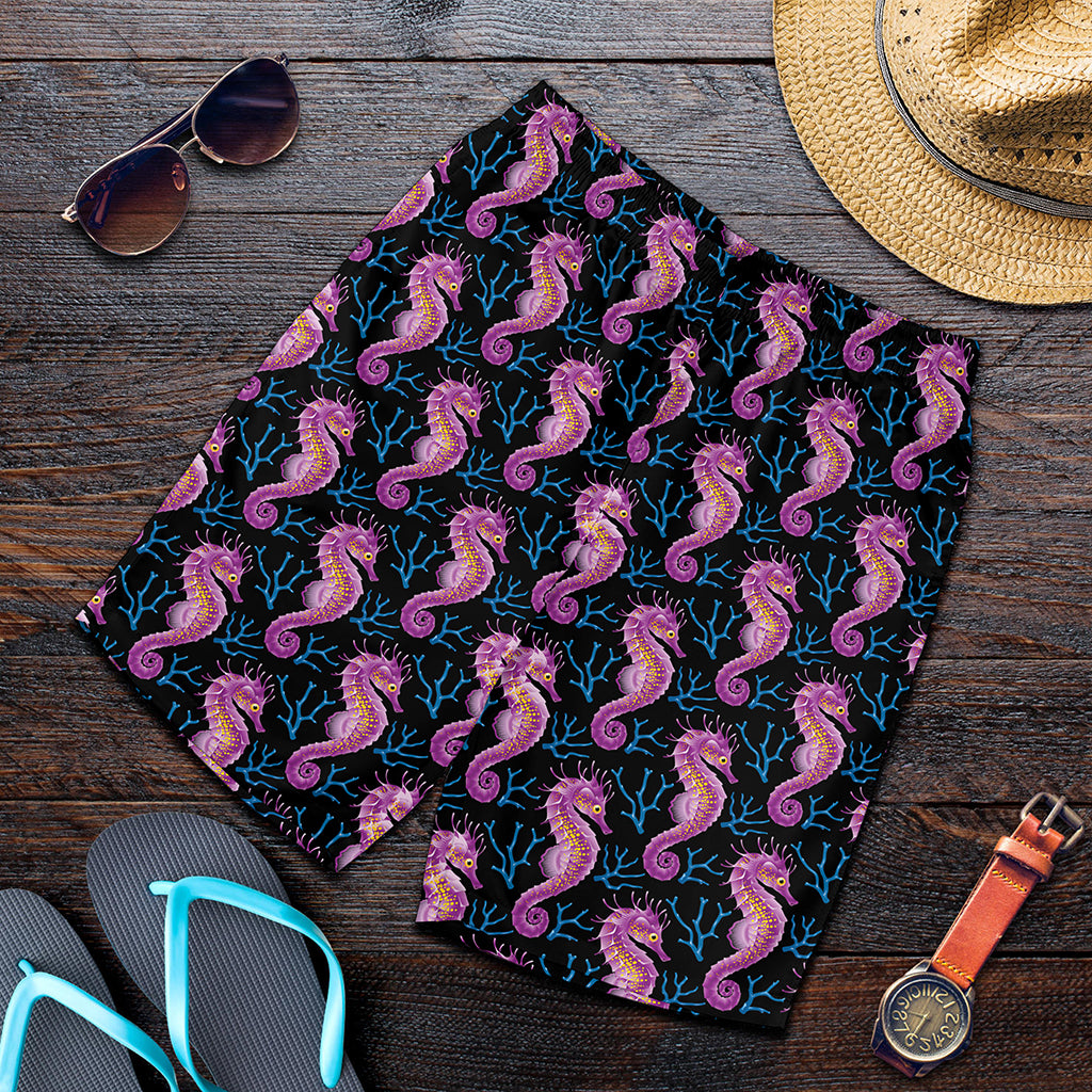 Purple Seahorse Pattern Print Men's Shorts