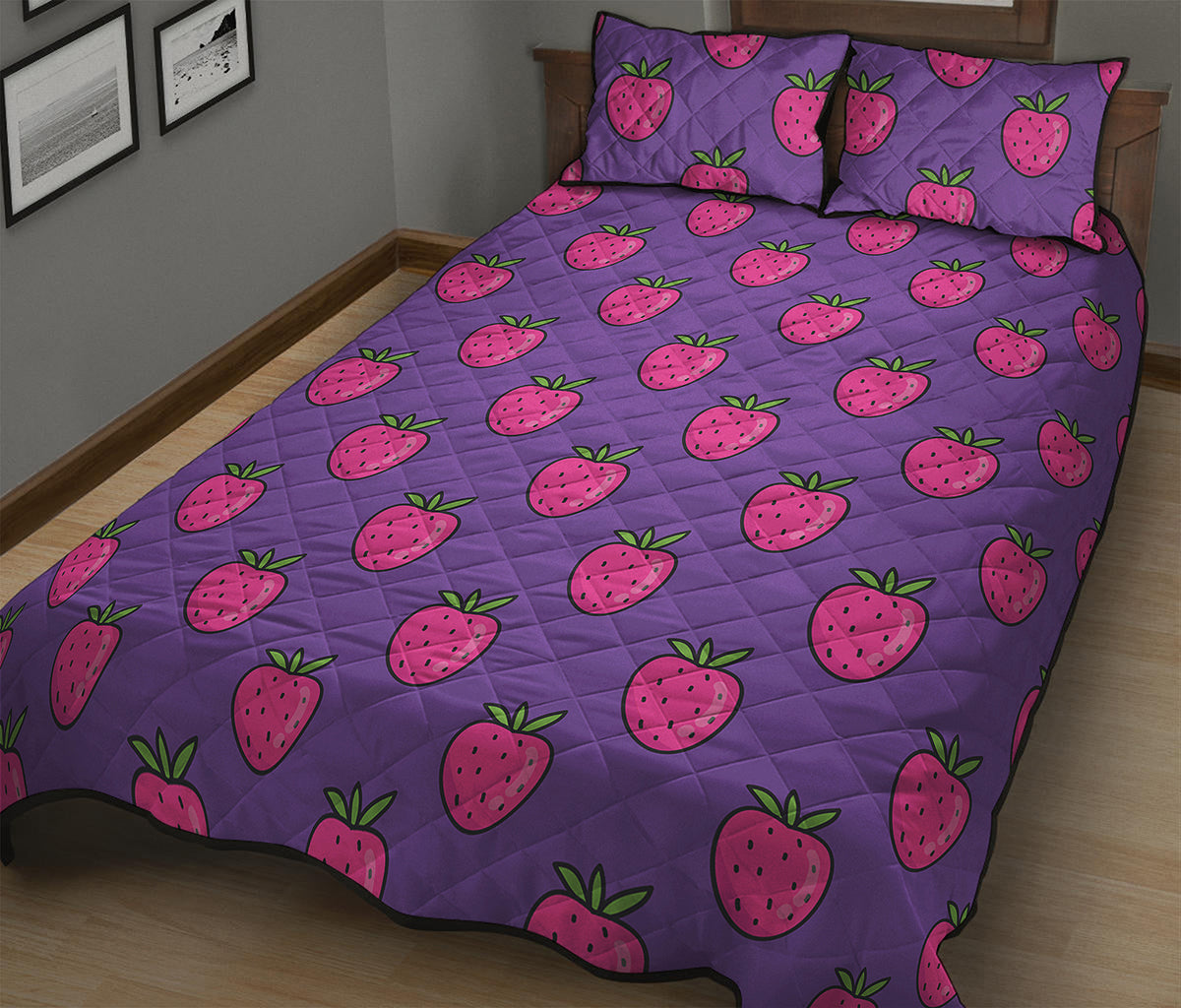 Purple Strawberry Pattern Print Quilt Bed Set
