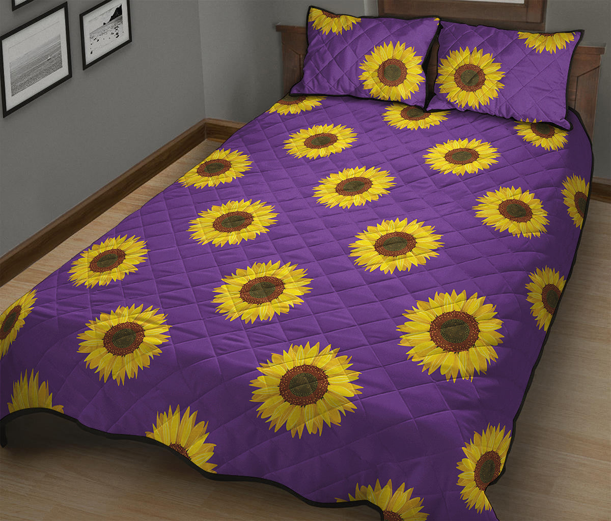 Purple Sunflower Pattern Print Quilt Bed Set