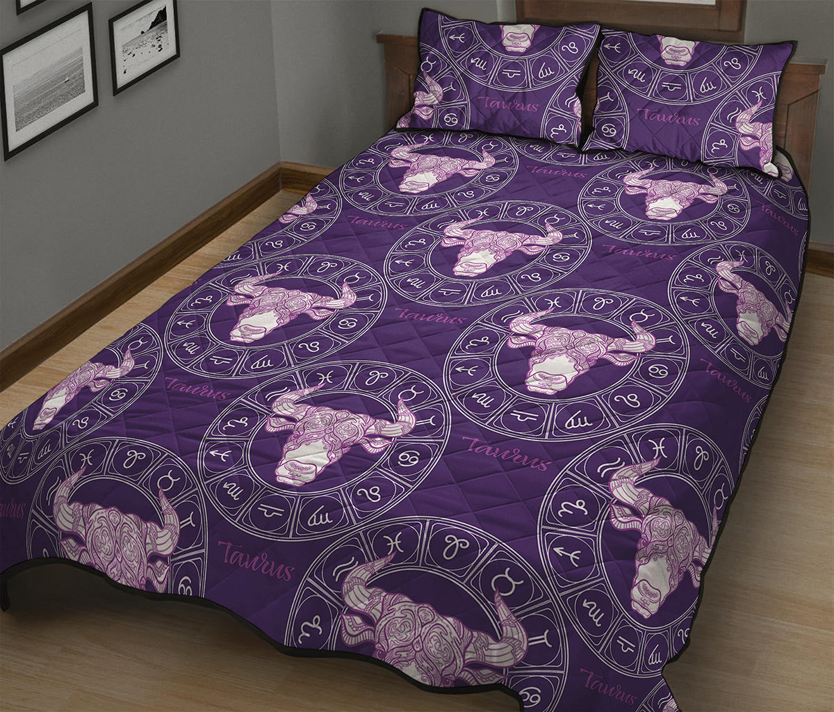 Purple Taurus Zodiac Pattern Print Quilt Bed Set