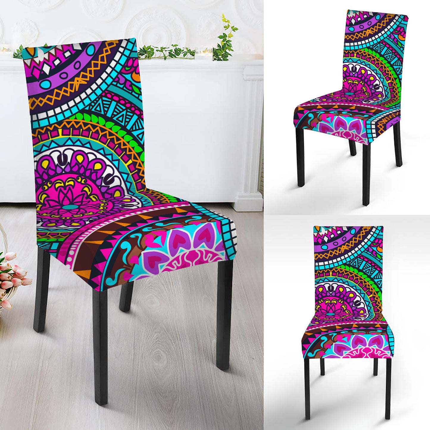 Purple Teal Circle Mandala Print Dining Chair Slipcover