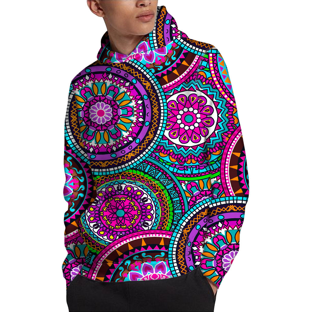 Purple Teal Circle Mandala Print Pullover Hoodie