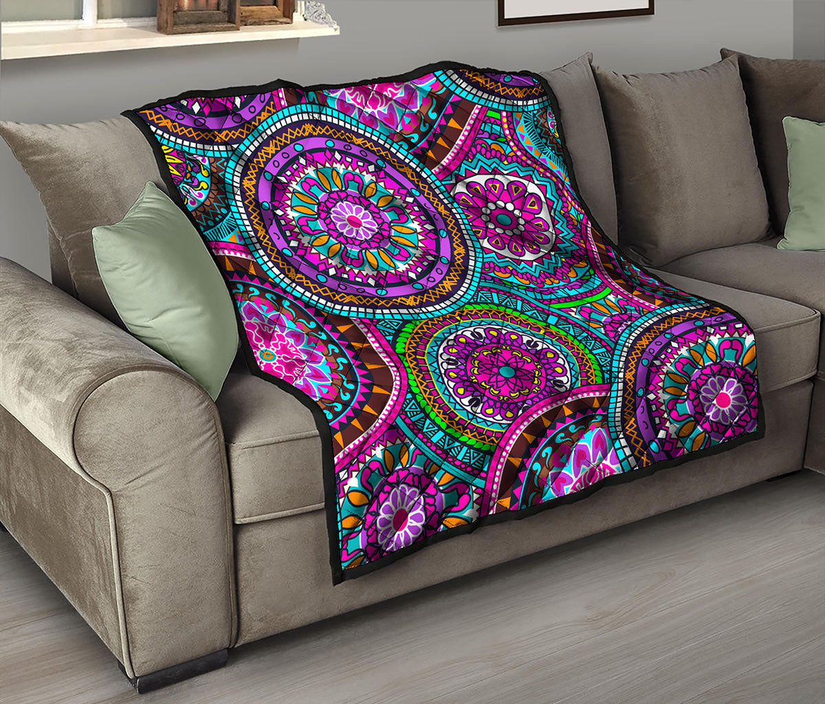 Purple Teal Circle Mandala Print Quilt