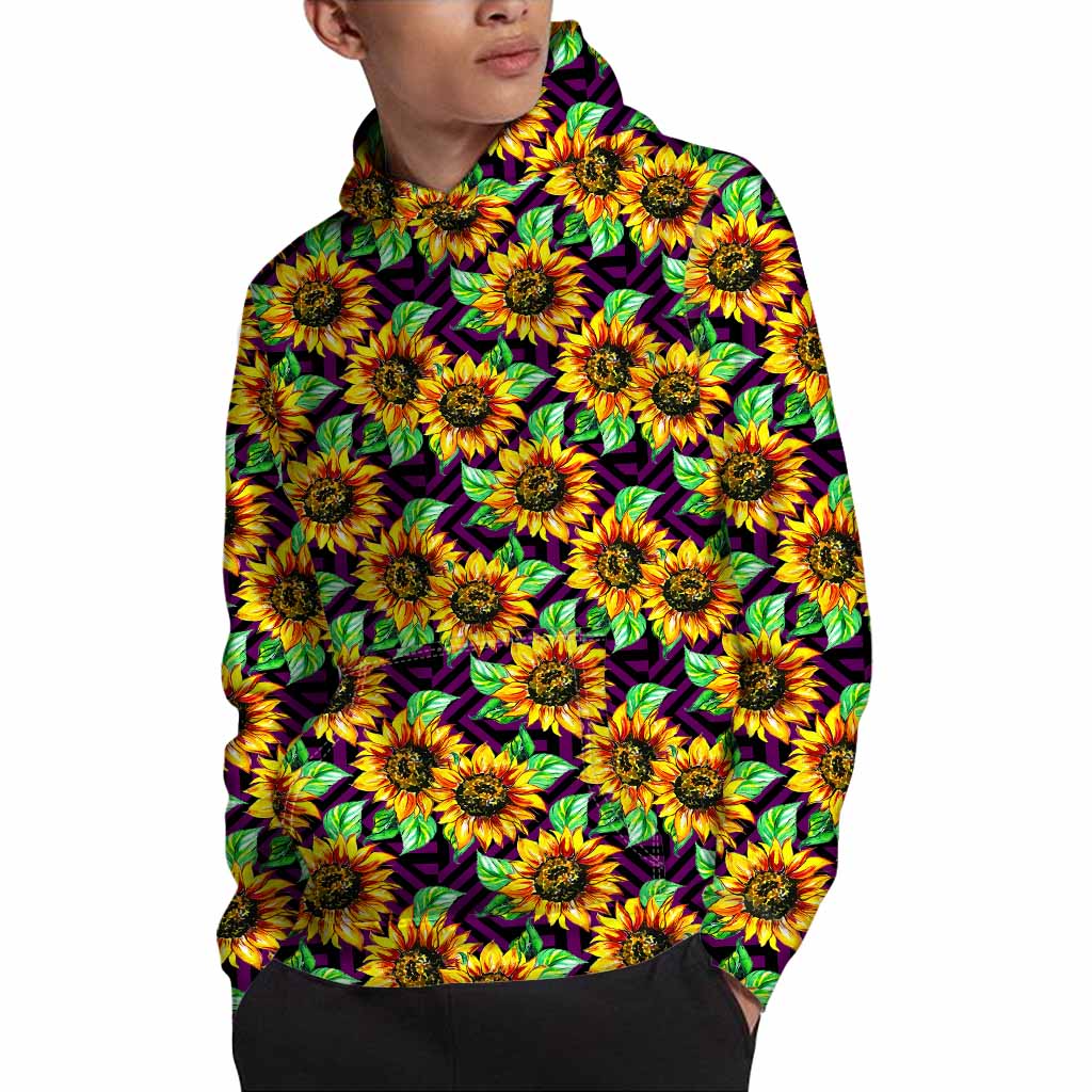 Purple Trippy Sunflower Pattern Print Pullover Hoodie