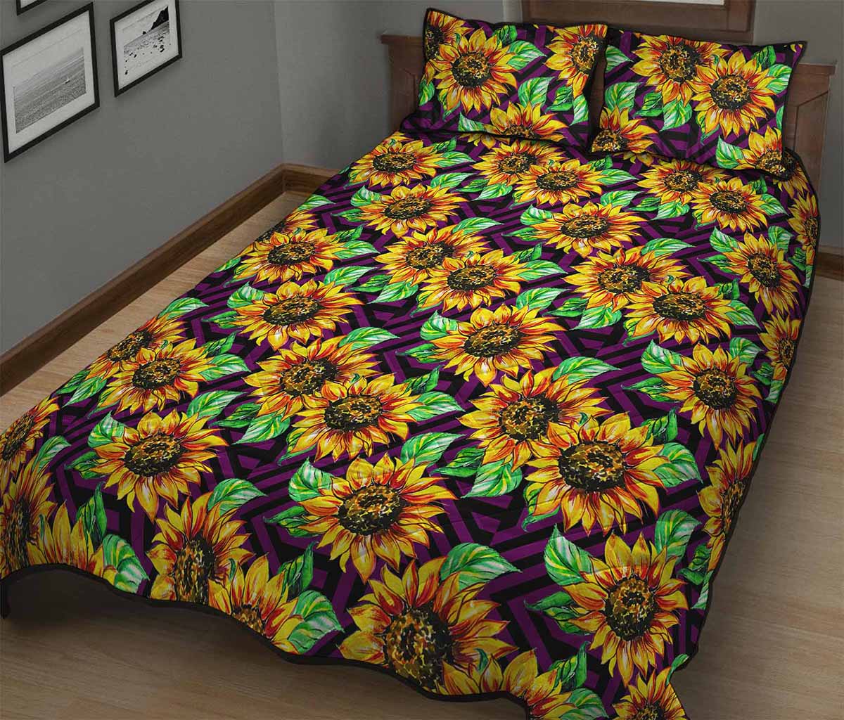 Purple Trippy Sunflower Pattern Print Quilt Bed Set