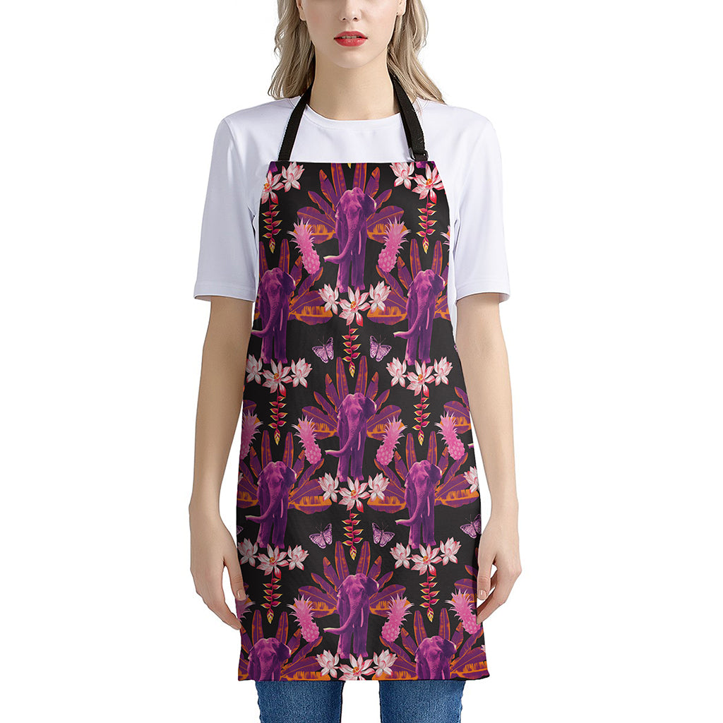 Purple Tropical Elephant Pattern Print Apron