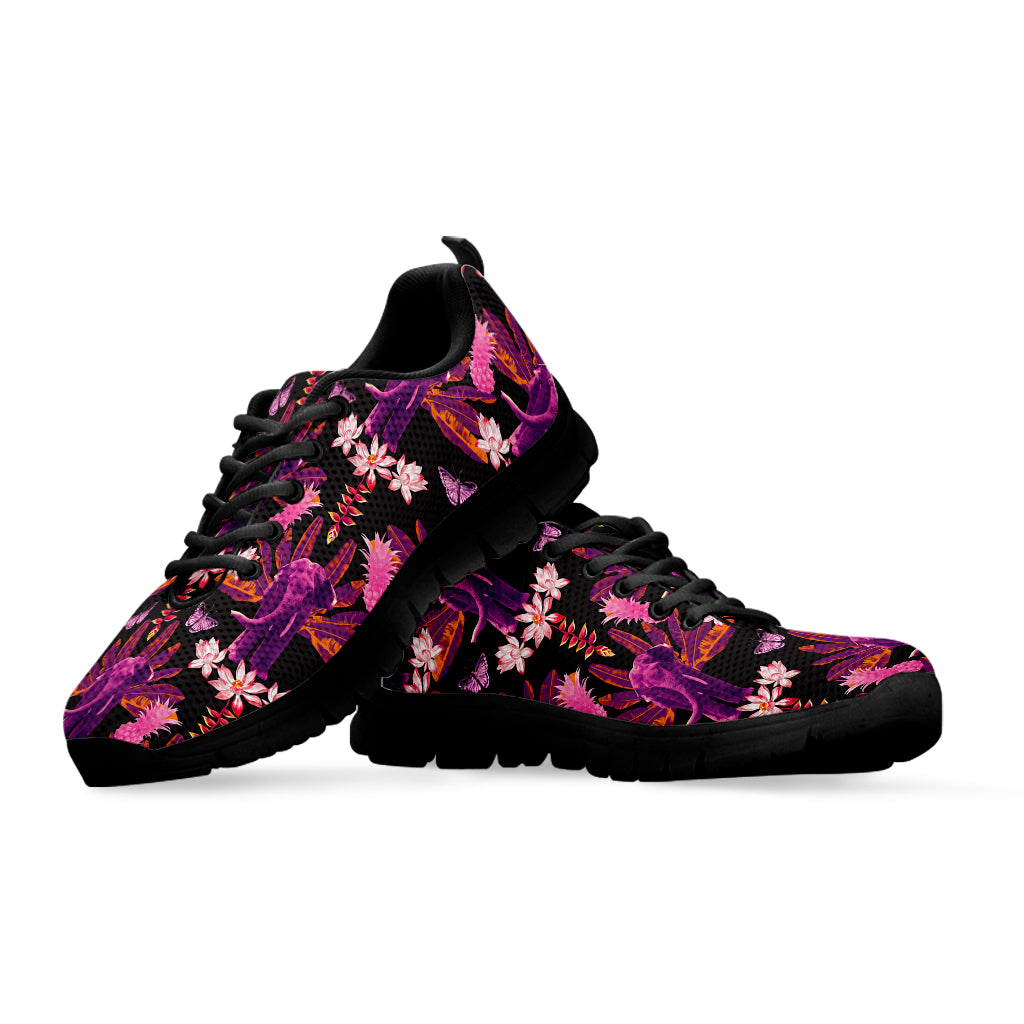 Purple Tropical Elephant Pattern Print Black Sneakers
