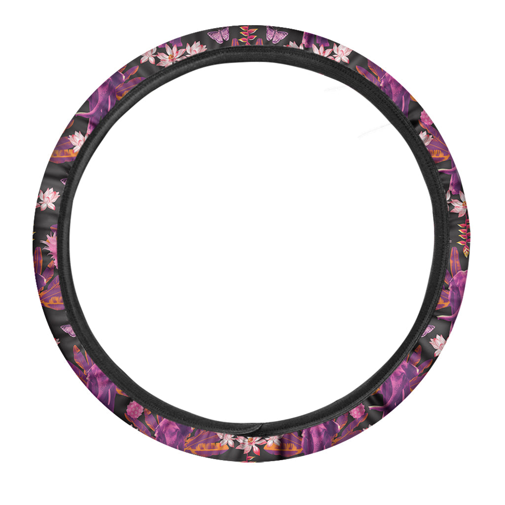 Purple Tropical Elephant Pattern Print Car Steering Wheel Cover