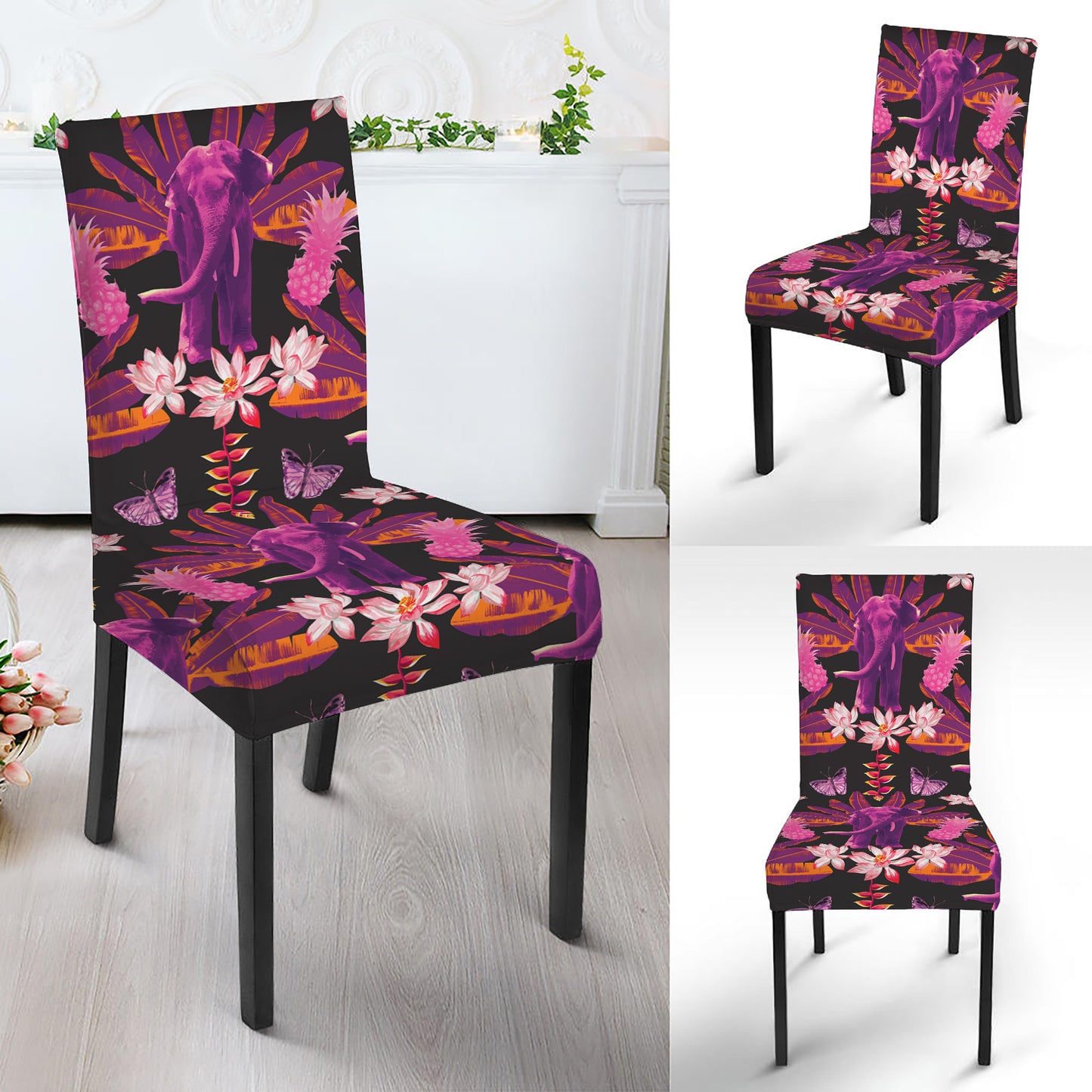 Purple Tropical Elephant Pattern Print Dining Chair Slipcover