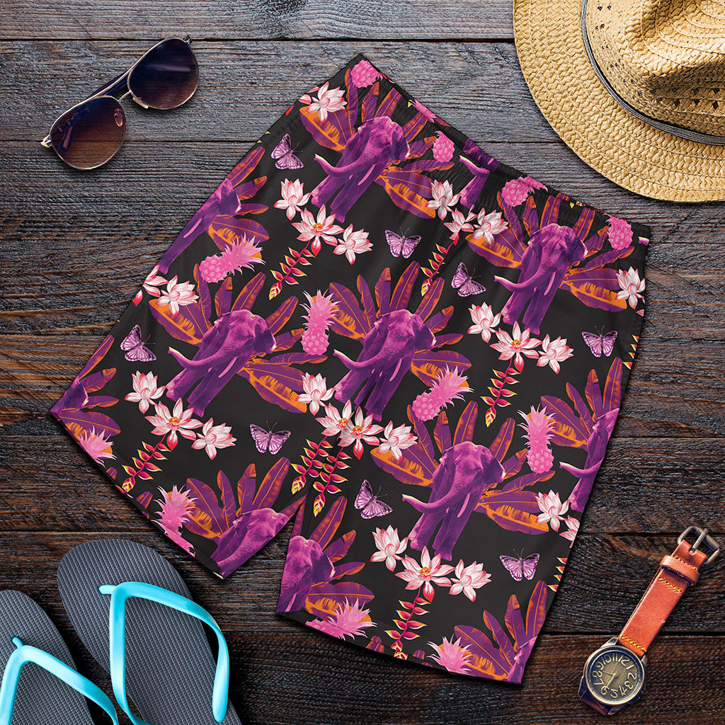 Purple Tropical Elephant Pattern Print Men's Shorts