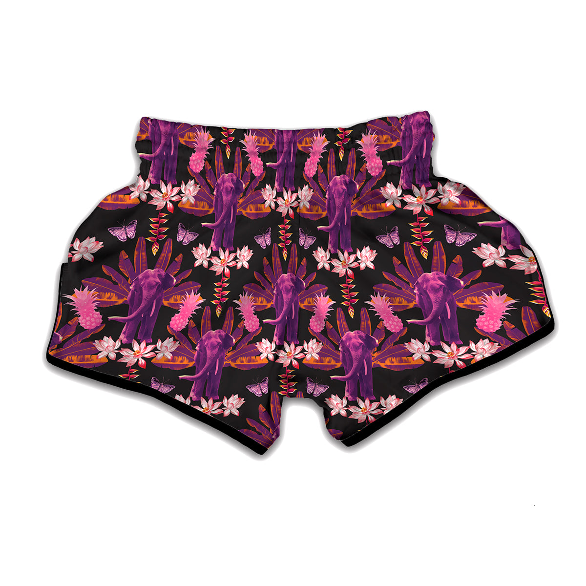 Purple Tropical Elephant Pattern Print Muay Thai Boxing Shorts