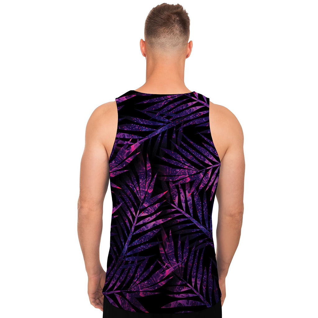 Purple Tropical Leaves Print Men's Tank Top