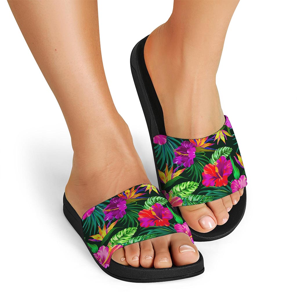 Purple Tropical Pattern Print Black Slide Sandals