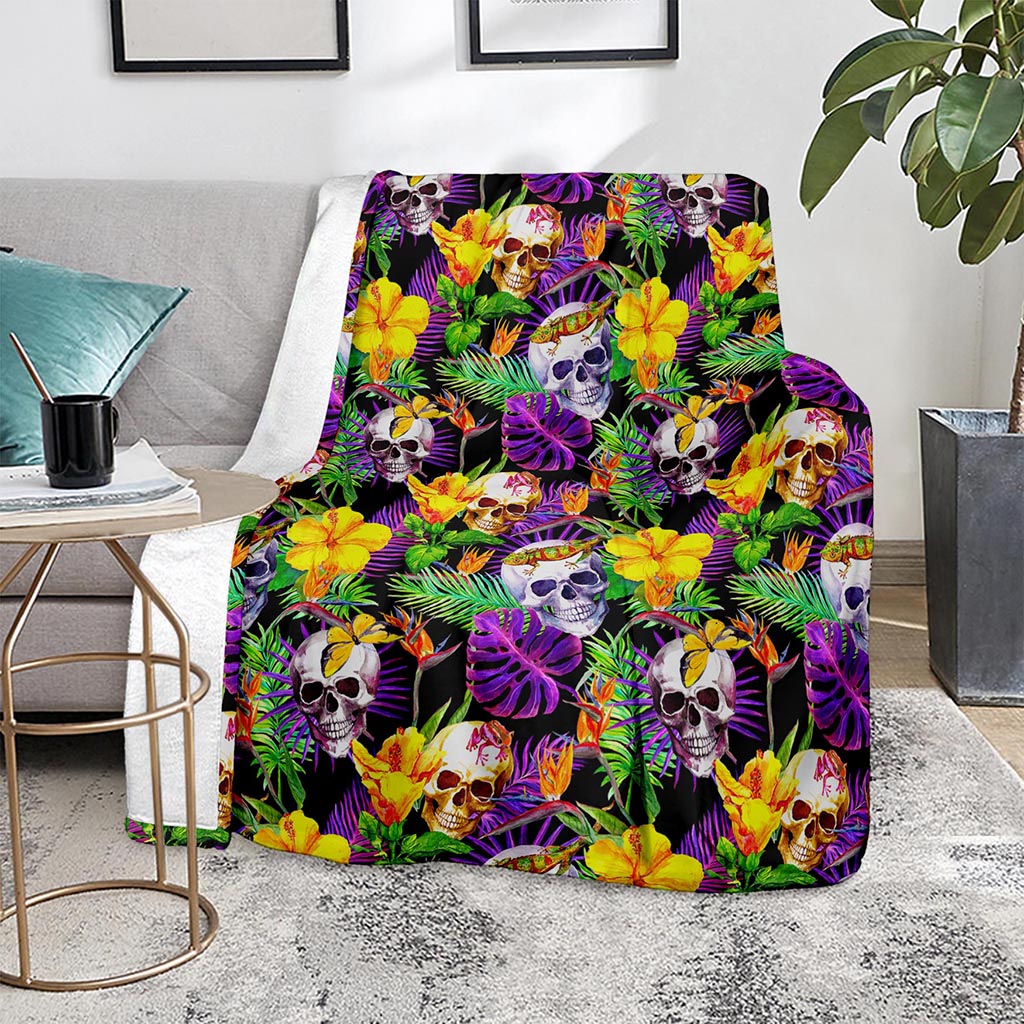 Purple Tropical Skull Pattern Print Blanket