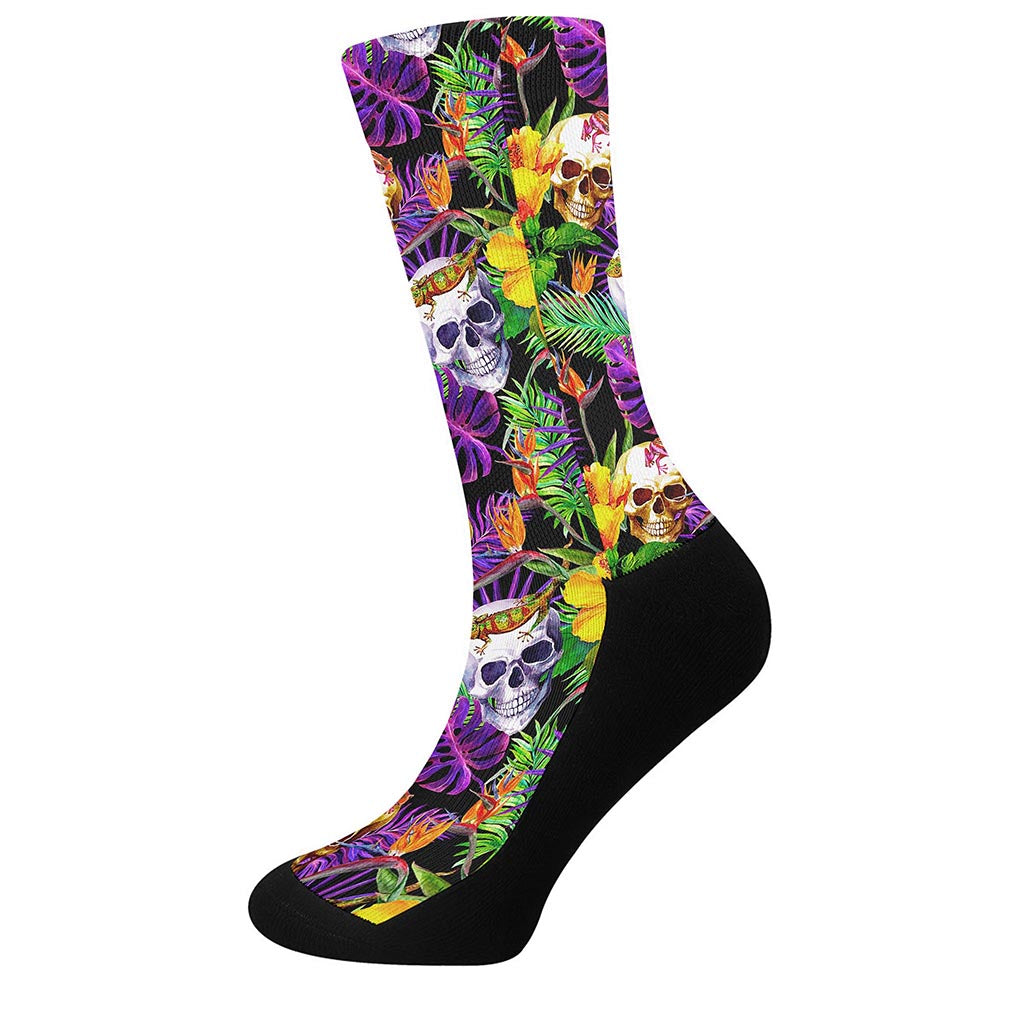 Purple Tropical Skull Pattern Print Crew Socks
