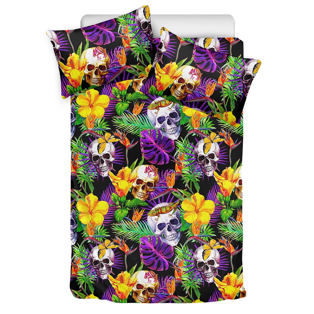 Purple Tropical Skull Pattern Print Duvet Cover Bedding Set