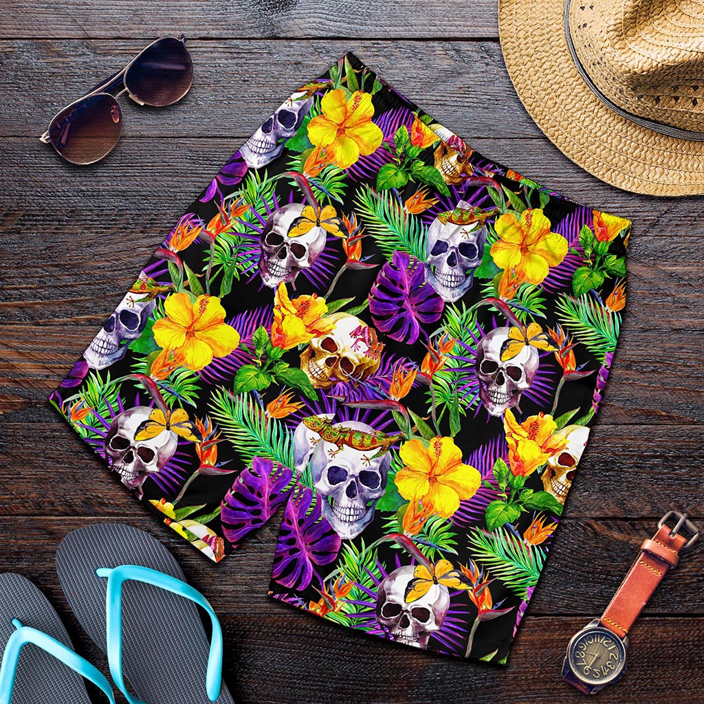 Purple Tropical Skull Pattern Print Men's Shorts