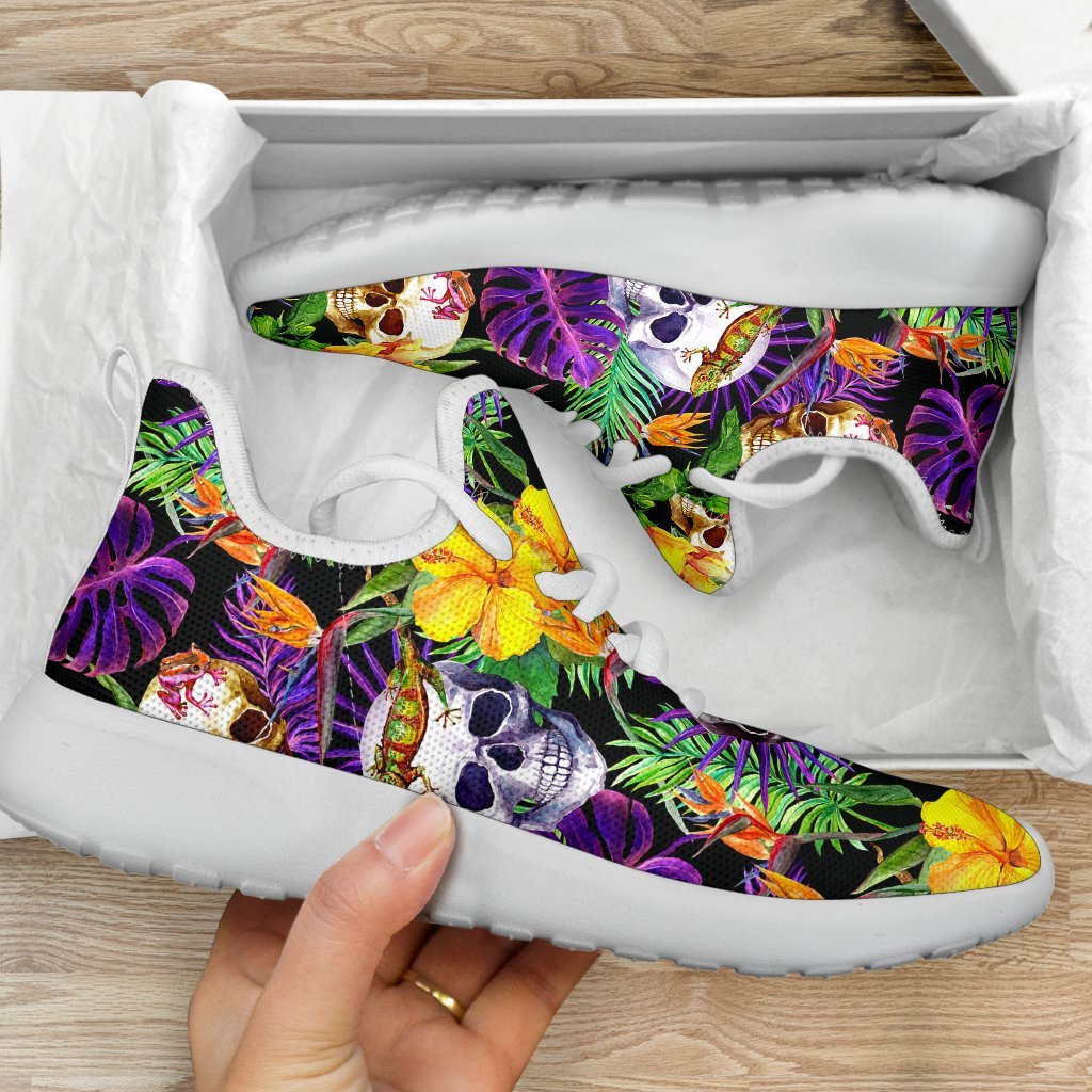 Purple Tropical Skull Pattern Print Mesh Knit Shoes GearFrost
