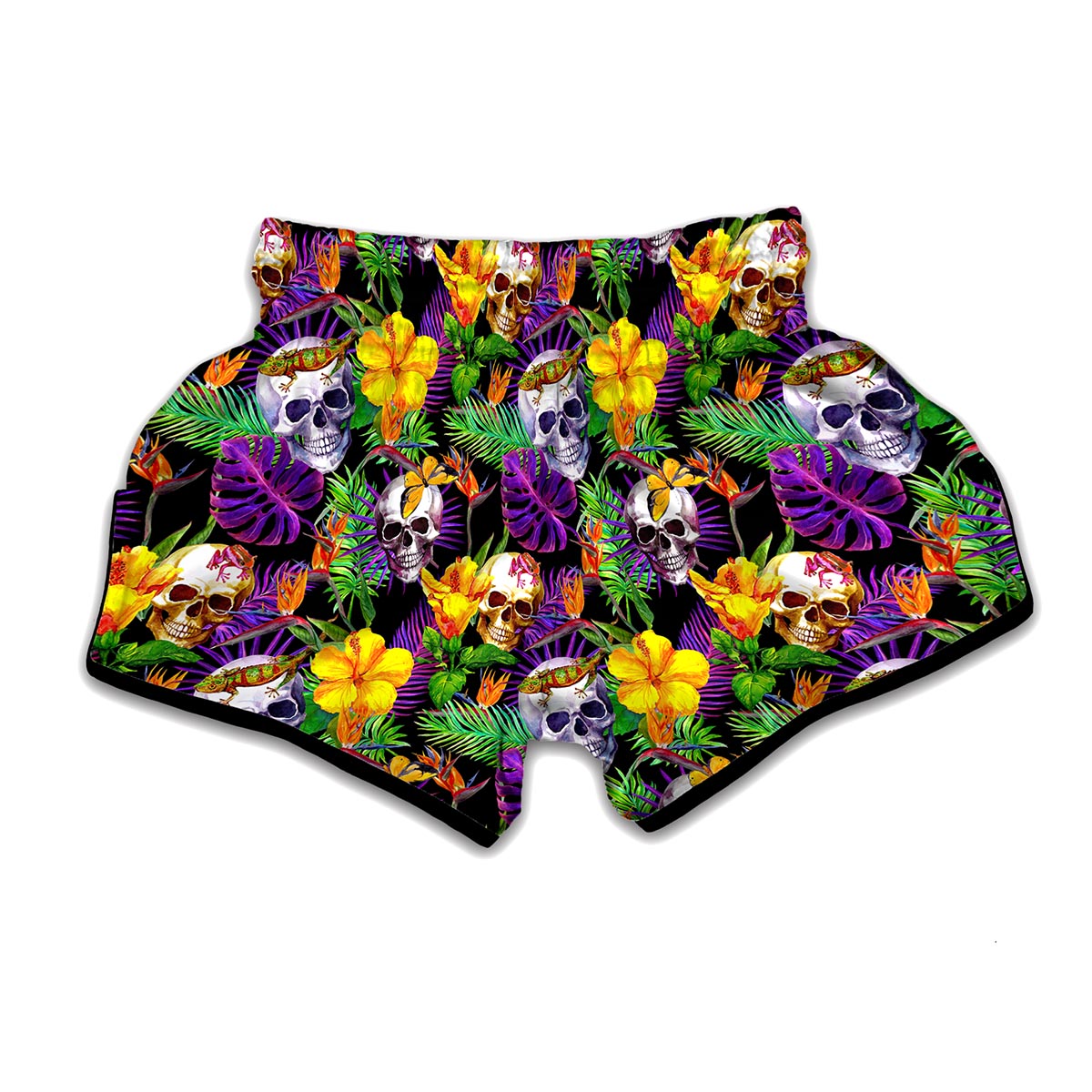Purple Tropical Skull Pattern Print Muay Thai Boxing Shorts
