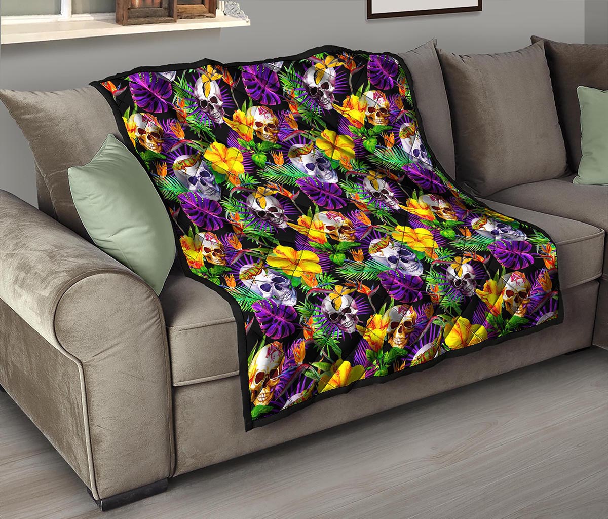Purple Tropical Skull Pattern Print Quilt