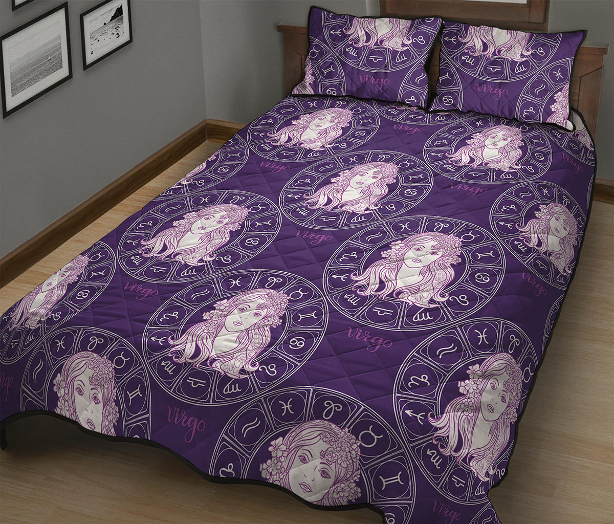 Purple Virgo Zodiac Pattern Print Quilt Bed Set