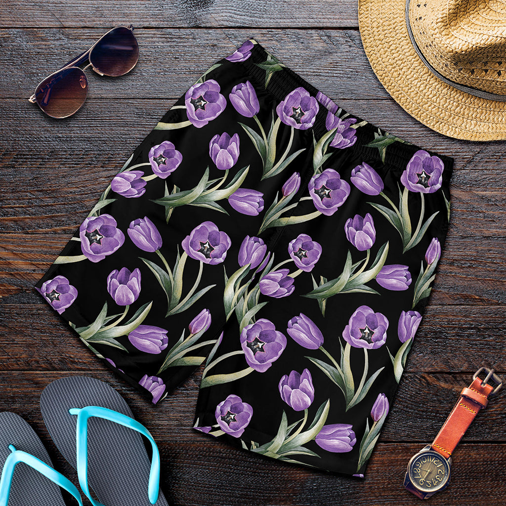 Purple Watercolor Tulip Pattern Print Men's Shorts