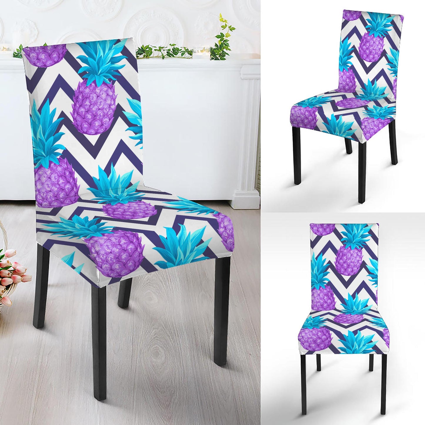 Purple Zig Zag Pineapple Pattern Print Dining Chair Slipcover