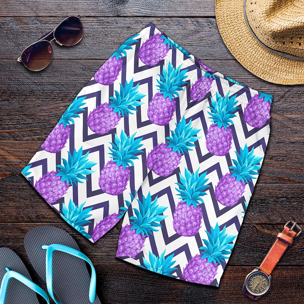 Purple Zig Zag Pineapple Pattern Print Men's Shorts
