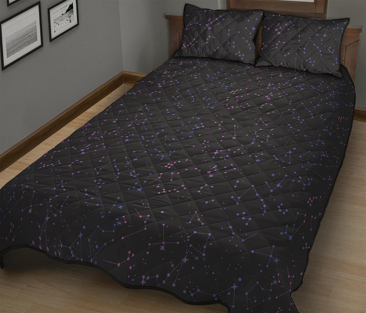 Purple Zodiac Stars Pattern Print Quilt Bed Set