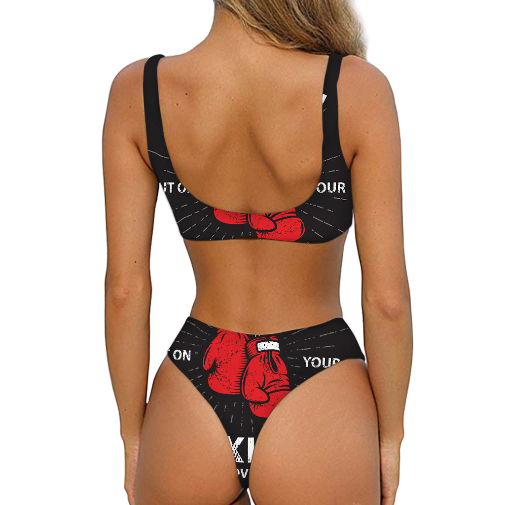 Put On Your Boxing Gloves Print Front Bow Tie Bikini