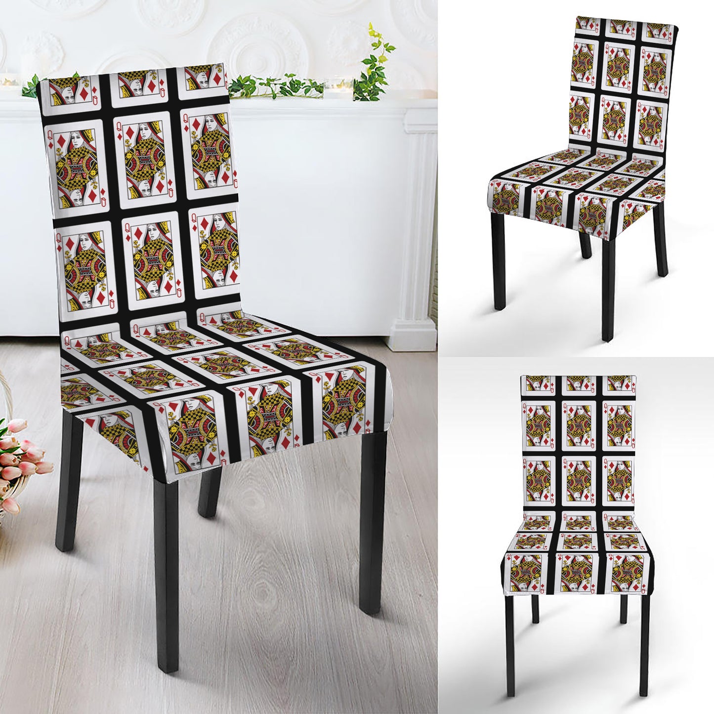 Queen Of Diamonds Playing Card Pattern Print Dining Chair Slipcover