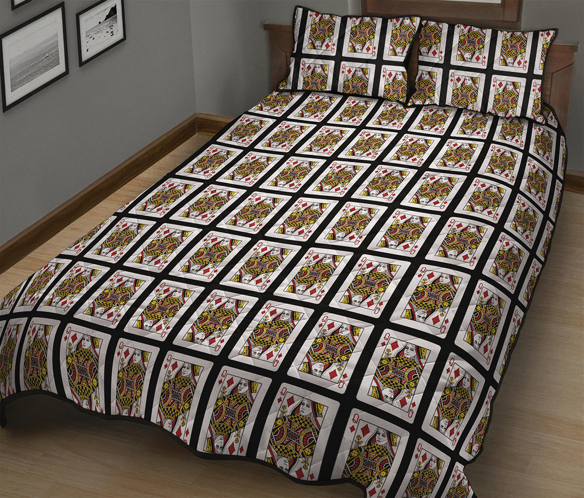 Queen Of Diamonds Playing Card Pattern Print Quilt Bed Set