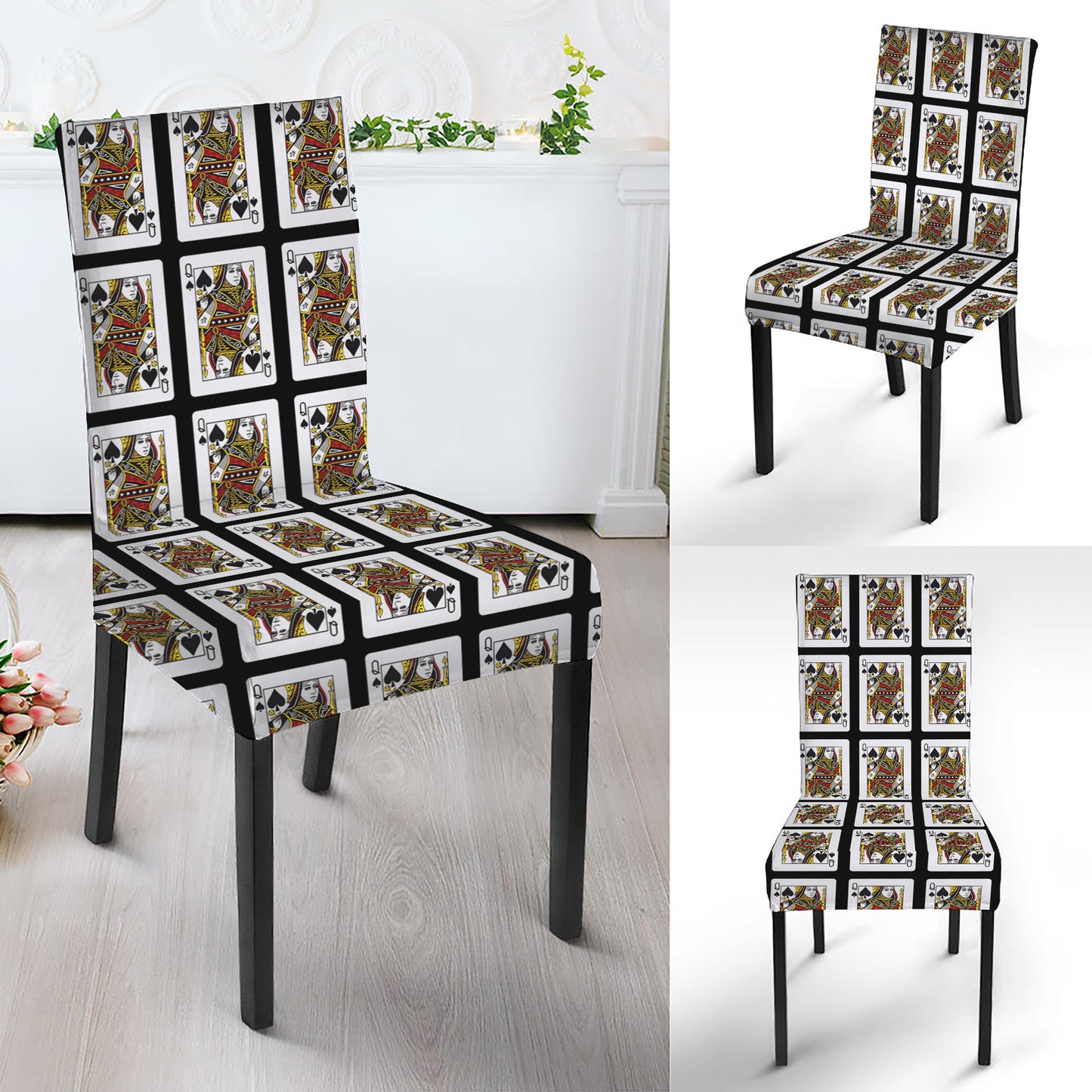 Queen Of Spades Playing Card Pattern Print Dining Chair Slipcover