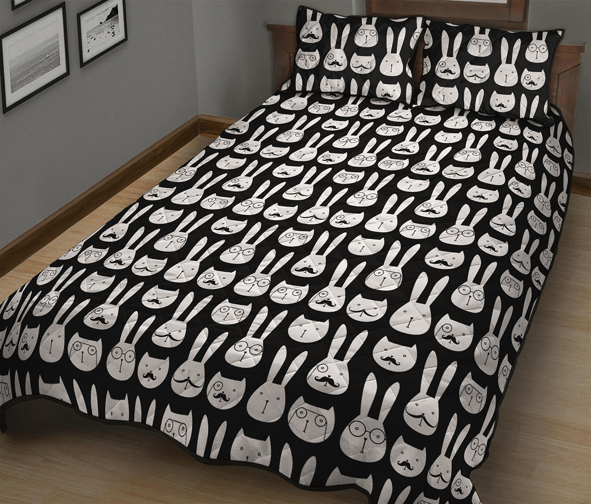 Rabbit And Cat Pattern Print Quilt Bed Set