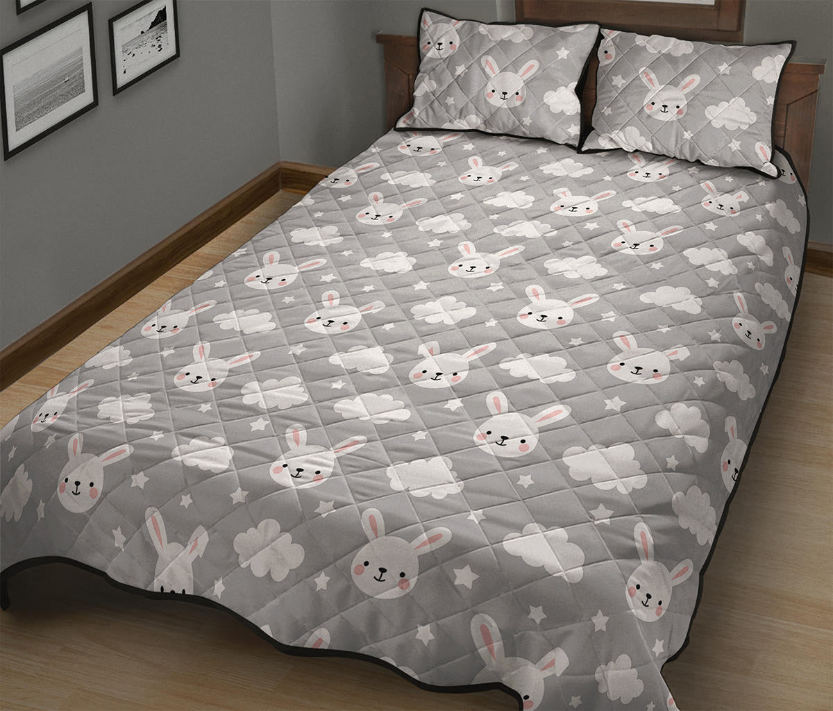 Rabbit And Cloud Pattern Print Quilt Bed Set