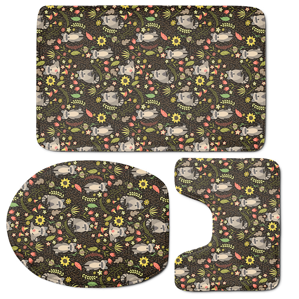 Raccoon And Floral Pattern Print 3 Piece Bath Mat Set