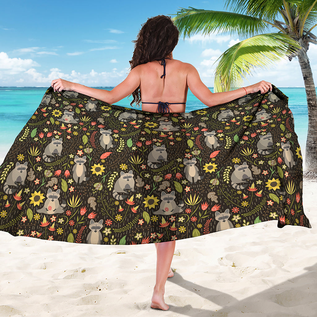 Raccoon And Floral Pattern Print Beach Sarong Wrap