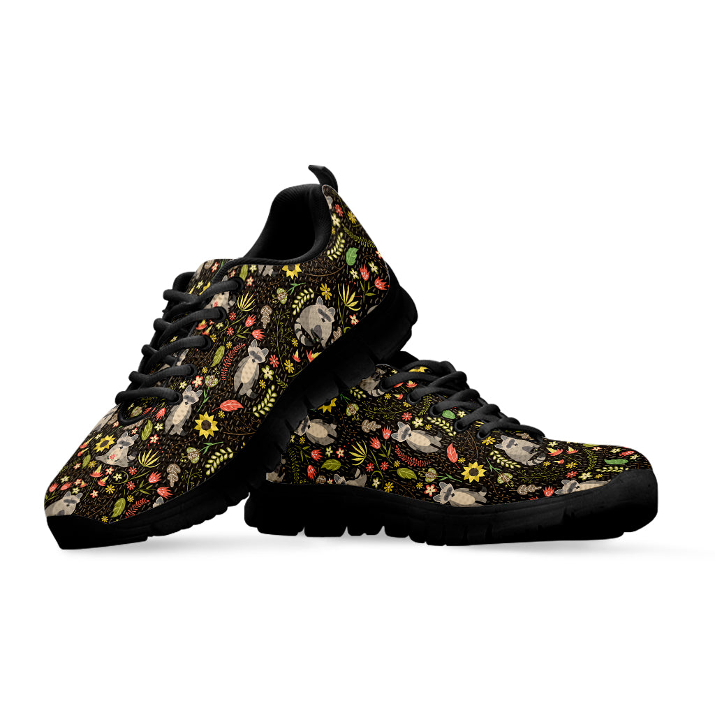 Raccoon And Floral Pattern Print Black Sneakers