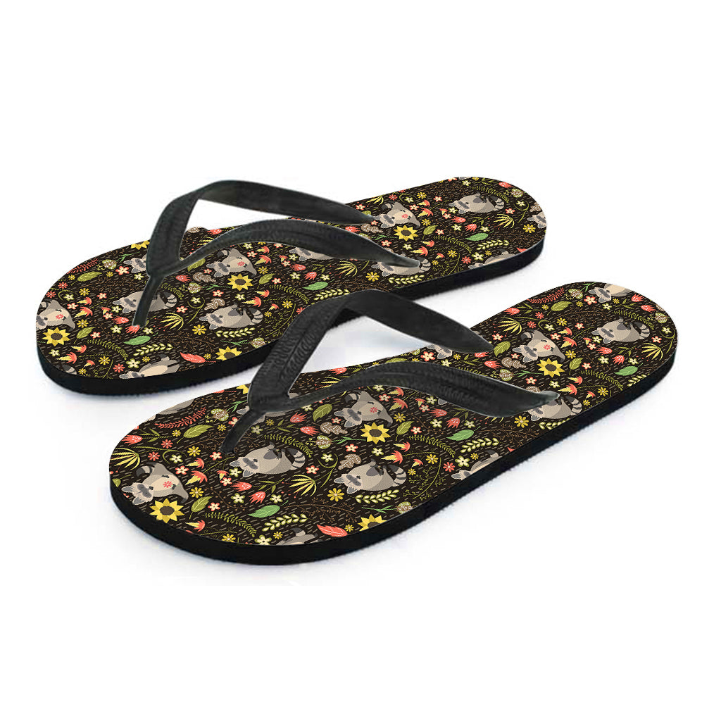 Raccoon And Floral Pattern Print Flip Flops