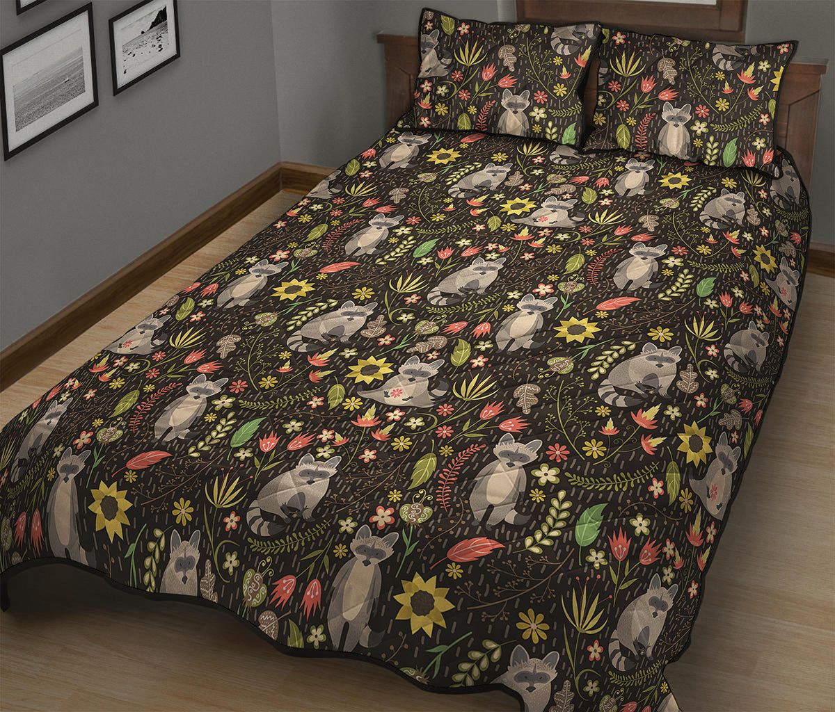 Raccoon And Floral Pattern Print Quilt Bed Set