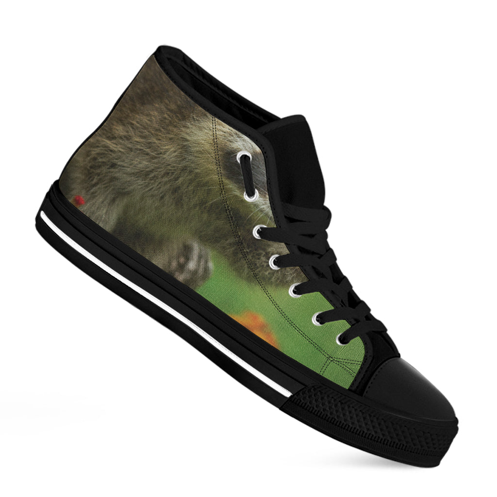 Raccoon And Flower Print Black High Top Shoes